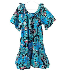 The Hawaiian Original Womens Blue Black Sundress XL Floral Short Sleeve Pleated